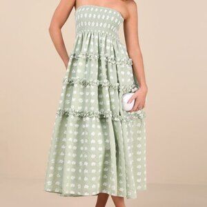 Lulus Beautiful Sentiments Sage Floral Strapless Tiered Midi Dress Green